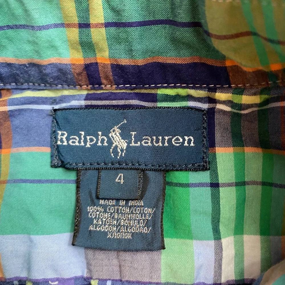 Ralph Lauren Boys Green Blue Plaid Long Sleeve Button Down Shirt Size 4 Toddler